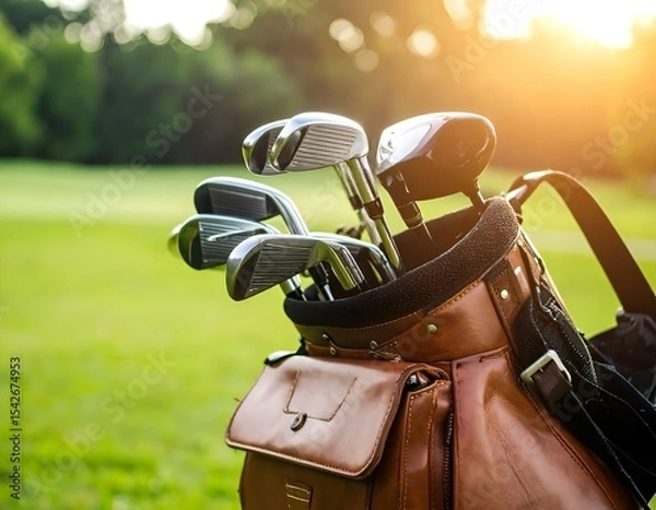 Fototapeta Modern golf clubs in a leather bag on a green field, captured under warm sunlight in close-up view.
