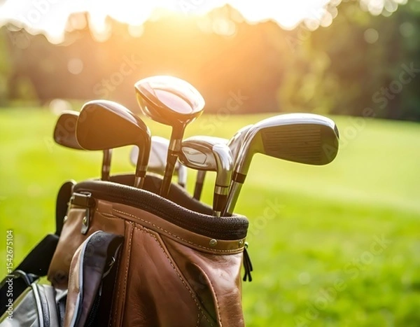 Fototapeta Modern golf clubs in a leather bag on a green field, captured under warm sunlight in close-up view.
