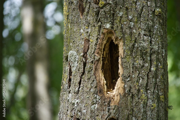 Obraz The textured bark of a tree shows a woodpecker hole, standing out from the blurry forest.