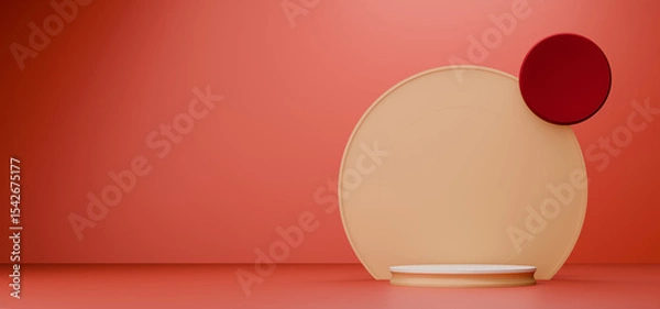 Fototapeta Minimal Red Backdrop Showcases Circular Platform