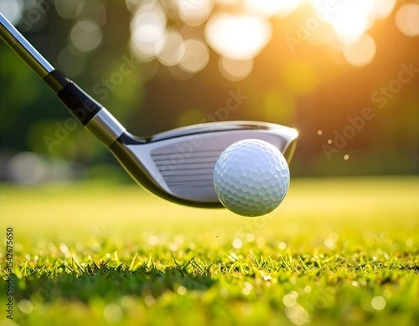 Fototapeta A golf ball in mid-air after impact with an iron club, captured in warm sunlight on a grassy field.