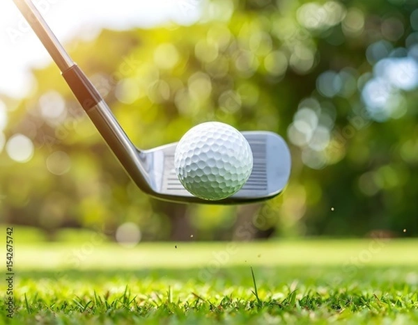 Fototapeta A golf ball in mid-air after impact with an iron club, captured in warm sunlight on a grassy field.