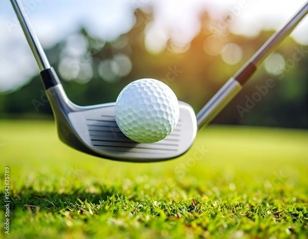 Fototapeta A golf ball in mid-air after impact with an iron club, captured in warm sunlight on a grassy field.
