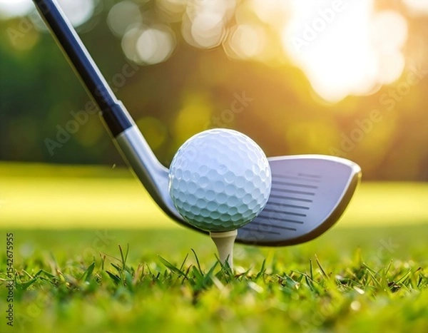 Fototapeta A golf ball in mid-air after impact with an iron club, captured in warm sunlight on a grassy field.