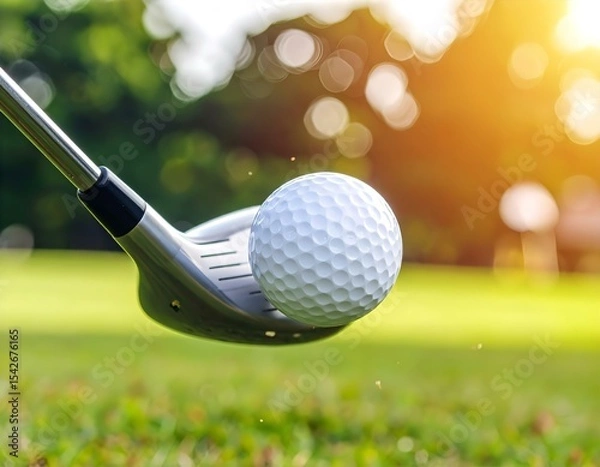 Fototapeta A golf ball in mid-air after impact with an iron club, captured in warm sunlight on a grassy field.