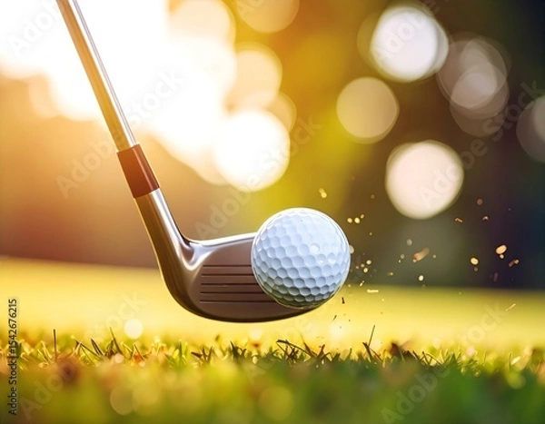 Fototapeta A golf ball in mid-air after impact with an iron club, captured in warm sunlight on a grassy field.