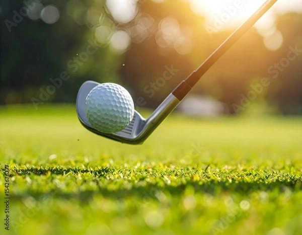 Fototapeta A golf ball in mid-air after impact with an iron club, captured in warm sunlight on a grassy field.