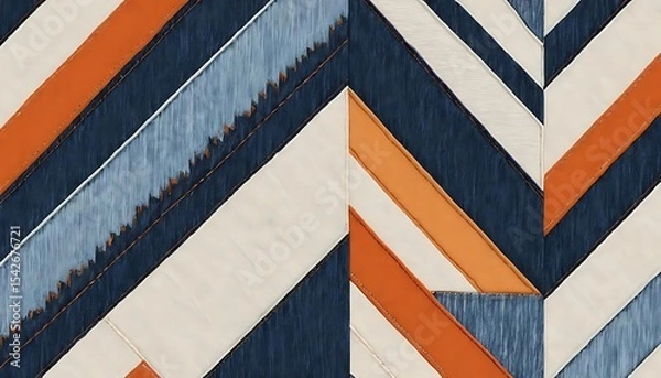 Obraz Modern Abstract Fabric Pattern with Bold Diagonal Stripes in Navy Blue, Light Blue, Orange, and Beige Tones, Creating a Dynamic Geometric Textile Design