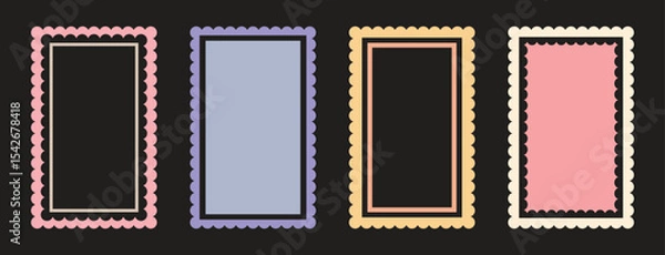 Obraz Zigzag, scalloped edge rectangular frames set. Wavy  border set. Fun colorful vertical groovy 60s squiggly zigzag text frame collection isolated on black background.