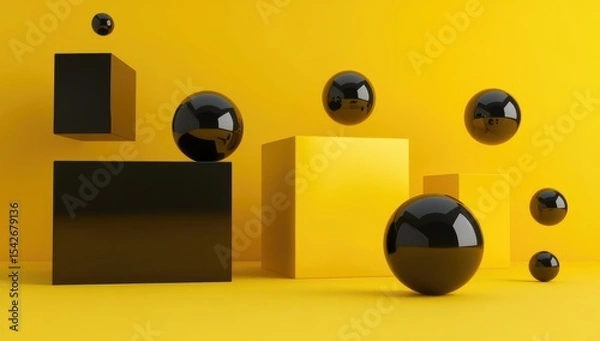 Fototapeta Abstract geometric shapes, black spheres on yellow platform