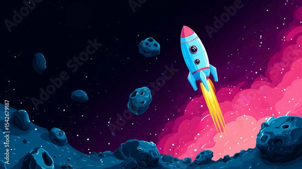 Obraz Cartoon rocket flying through asteroid field in colorful nebula galaxy