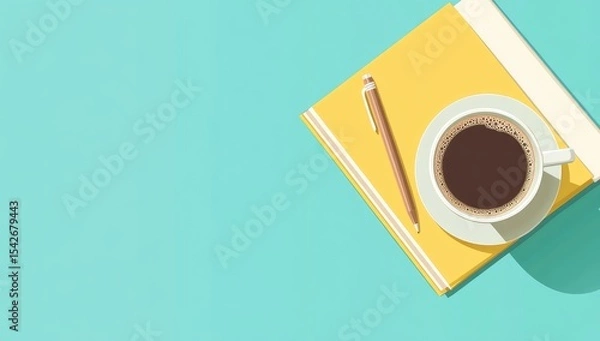 Fototapeta Flat lay of coffee cup, notebook, and pen on teal background