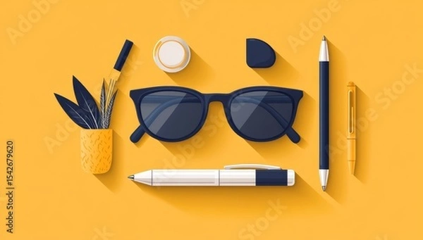 Fototapeta Flat lay of assorted stationery and accessories on a mustard yellow background