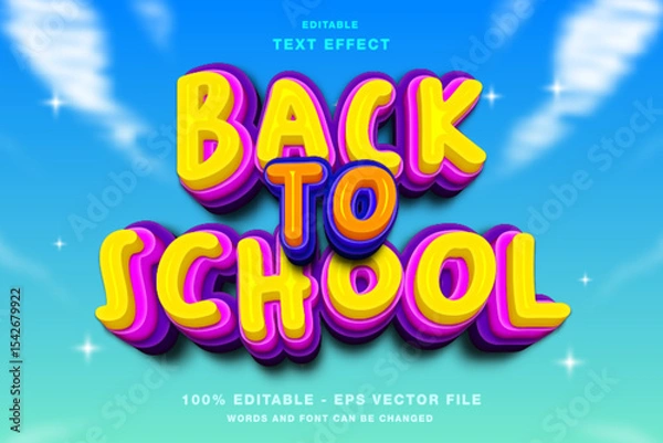 Fototapeta Colorful 3D text back to school against blue sky. Suitable for educational banners, posters, social media posts, and school related designs.