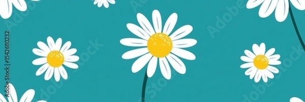 Fototapeta Simple, repeating pattern of white daisies with yellow centers on a teal background