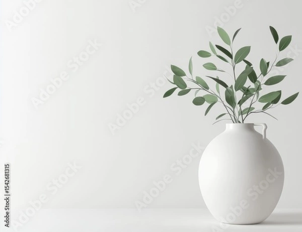 Fototapeta Minimalist white vase with sprigs of greenery against a clean white backdrop