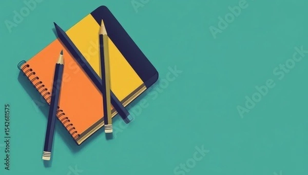 Fototapeta Flat lay of spiral notebook and pencils on teal background
