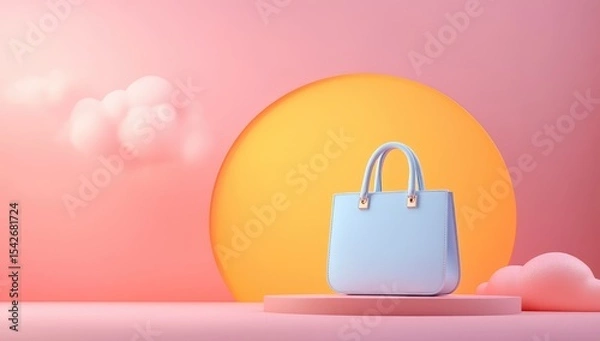 Fototapeta Light-blue tote bag on a pastel pink platform, with soft clouds and a sunburst