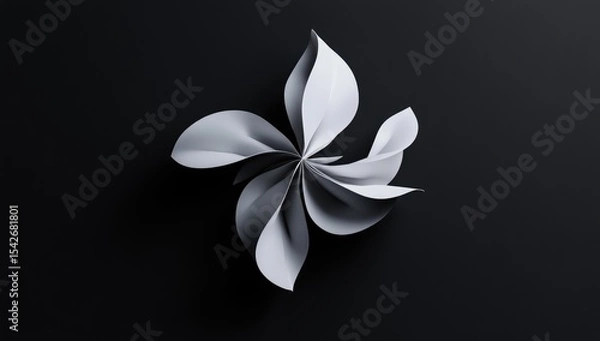 Fototapeta Abstract, white, paper-like,  geometric, flower-like,  design, on dark background