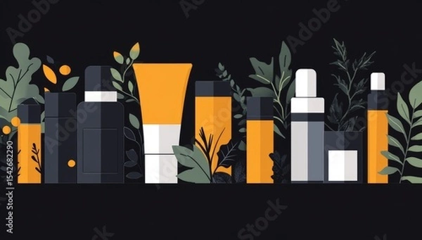 Fototapeta Skincare product displays, various containers in dark colors, surrounded by foliage