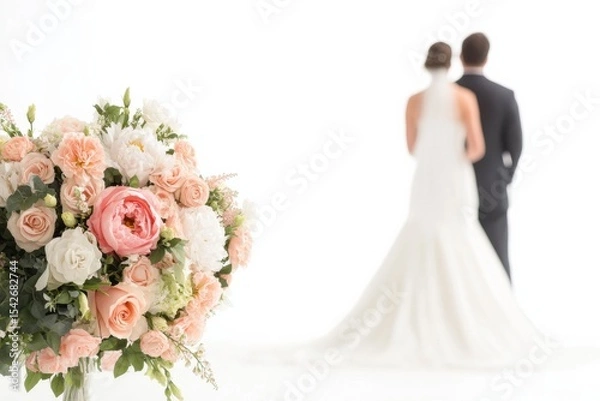 Fototapeta Wedding Bouquet and Couple: A bride and groom stand embracing, facing away, while a delicate flower bouquet, captures the essence of romance and new beginnings.