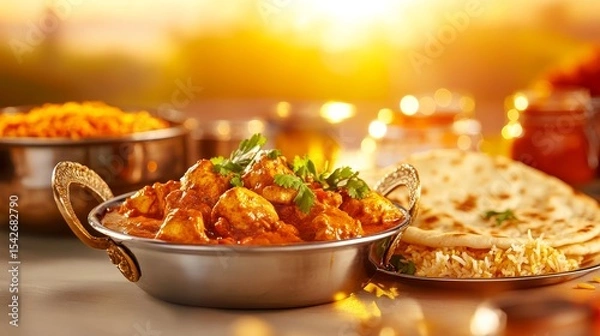 Fototapeta Indian Culinary Delight: Savor the rich and diverse flavors of Indian cuisine, a visual feast of tantalizing dishes. The image beautifully showcases a selection of vibrant, aromatic dishes.
