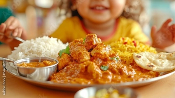 Fototapeta A Kid's Culinary Delight: A young child's radiant smile is juxtaposed with an enticing platter, featuring a vibrant array of colorful curries and perfectly cooked rice.
