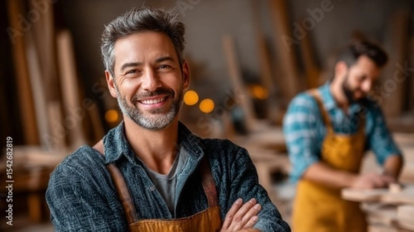 Fototapeta Craftsman's Warmth: A skilled craftsman, exudes warmth and confidence in his workshop, showcasing his expertise in woodcraft with a captivating gaze.