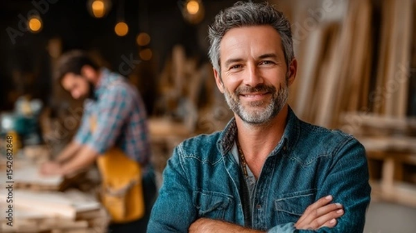 Fototapeta Artisan's Pride: A skilled carpenter with a salt-and-pepper beard stands proudly in his workshop, arms crossed, exuding expertise and passion in a captivating portrait of craftsmanship.