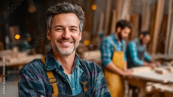 Fototapeta Smiling Carpenter in Workshop: Capturing a craftsman's skill and dedication in a sunlit workshop, as a skilled carpenter smiles proudly, a testament to his passion for woodworking and craftsmanship.