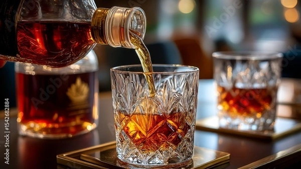 Fototapeta Pouring amber delight: A close-up captures the art of pouring a rich, amber-hued spirit into a beautifully crafted, crystal-clear glass, suggesting a moment of sophisticated enjoyment. 