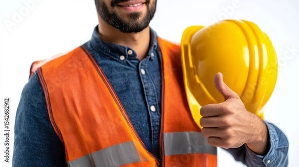 Fototapeta Construction worker, smiling and ready for work: A construction worker in an orange safety vest and a yellow hardhat gives a thumbs up.