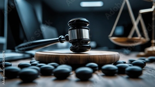 Fototapeta Justice Served: A gavel rests on a wooden block, poised amid symbolic scales, in a courtroom setting, representing the essence of legal proceedings, justice, and order.