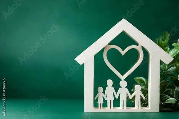 Fototapeta Home is where the heart is: A heartwarming composition featuring a symbolic family of four within a charming house frame, highlighted with a gentle, love-filled heart.