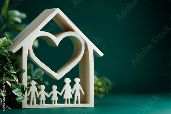 Fototapeta Home and Heart: A symbolic wooden house with a heart cutout, representing family, love, and the warmth of a home. Set against a backdrop of lush greenery, it evokes feelings of security, togetherness.
