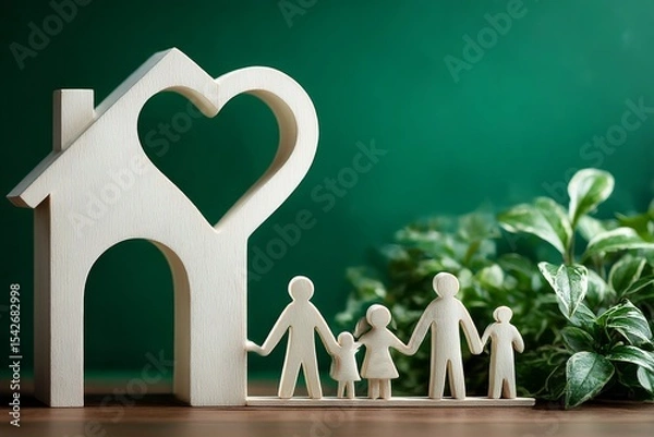 Fototapeta Family Home: A heartwarming scene captures a house-shaped symbol with a heart-shaped cutout, complemented by figurines representing a family, set against a lush backdrop of greenery