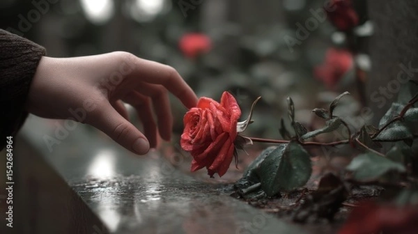 Fototapeta Gentle Hand Placing Rose on Grave A Symbol of Remembrance