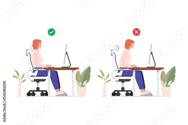 Obraz Good position vs bad posture for sitting at computer desk