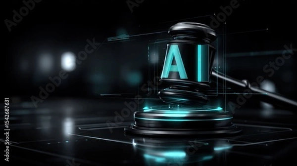 Fototapeta Futuristic judge's gavel with AI overlay