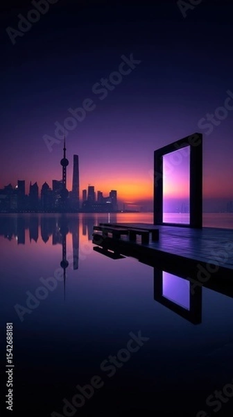 Fototapeta Sunrise city reflection with doorway