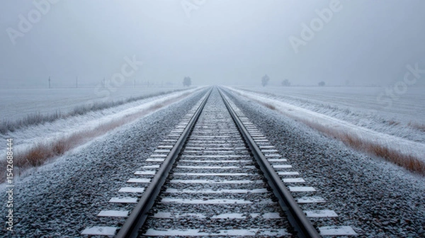 Obraz Long train track stretches into distance, surrounded by serene winter landscape covered in snow, evoking sense of calm and solitude