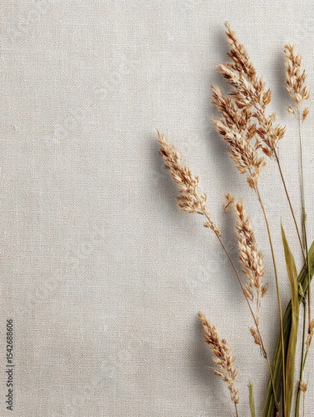 Obraz Beige linen fabric with dried grasses arranged elegantly, creating serene and natural aesthetic. Perfect for home decor or textile design