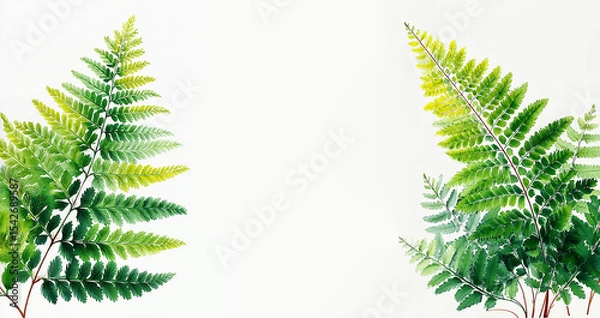 Fototapeta Botanical watercolour Illustration of a Fern Leaves on White Background. Space for text.	
