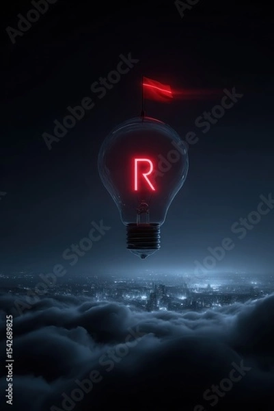 Fototapeta Illuminated lightbulb letter R floating above clouds