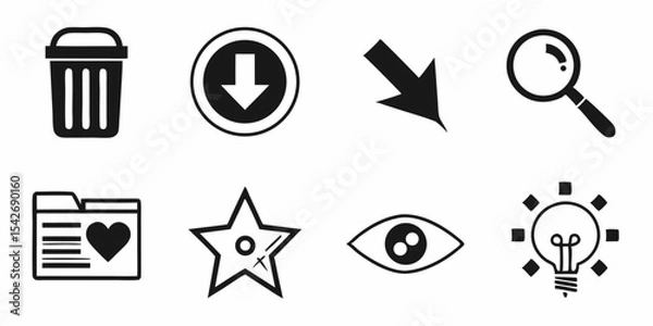 Fototapeta Black silhouette illustration of various interface icons including trash can heart arrows folder and light bulb in black