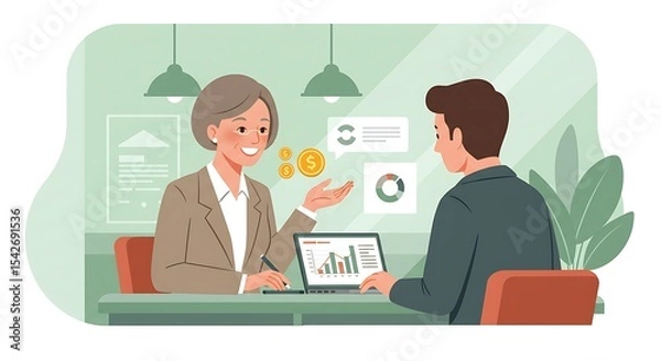 Obraz Businesswoman and man seated at a desk discussing financial data.