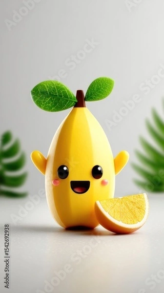 Fototapeta Cute cartoon yellow fruit character with a slice