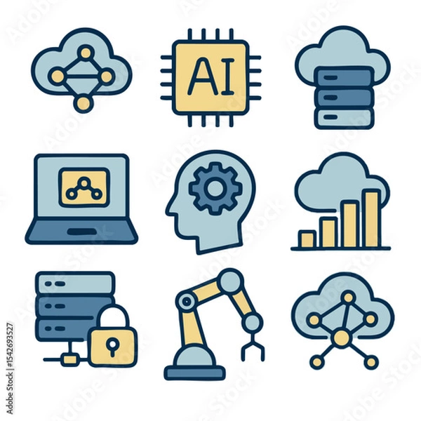 Obraz Icons representing technology, artificial intelligence, cloud computing, and data analysis