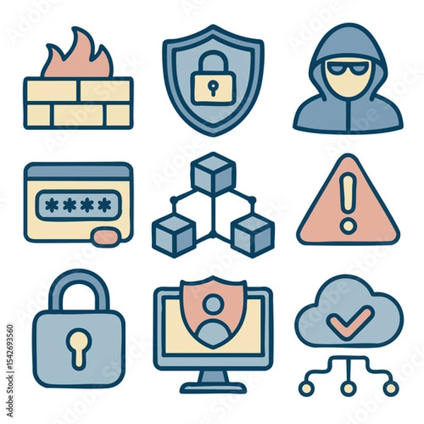 Fototapeta Secure icons representing cybersecurity, including firewalls, shields, and data protection