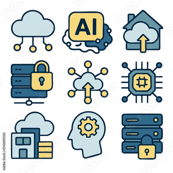 Fototapeta Cloud technology icons, including AI, security, and data storage, represent modern digital